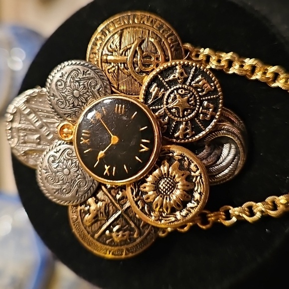 Vintage 1928 Jewelry Gold and Silver Brooch with Chain & Clock Detail 1980s - Picture 2 of 3